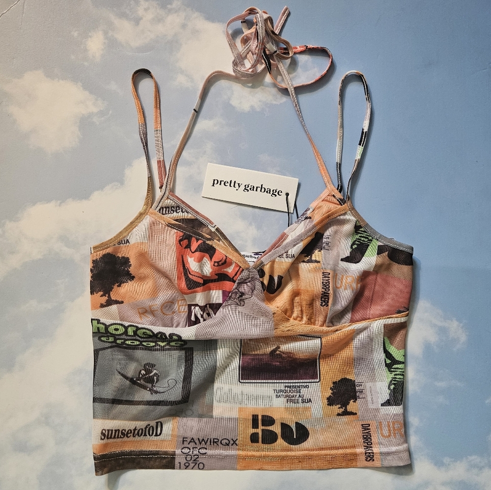 Unique Graphic Crop Top Mesh Bra Crop Top